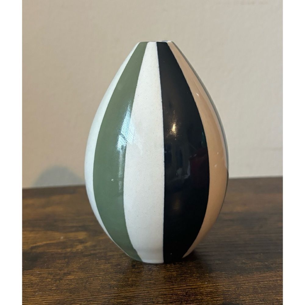 Petite Early Small Vintage Jonathan Adler Black & Green Stripped Vase